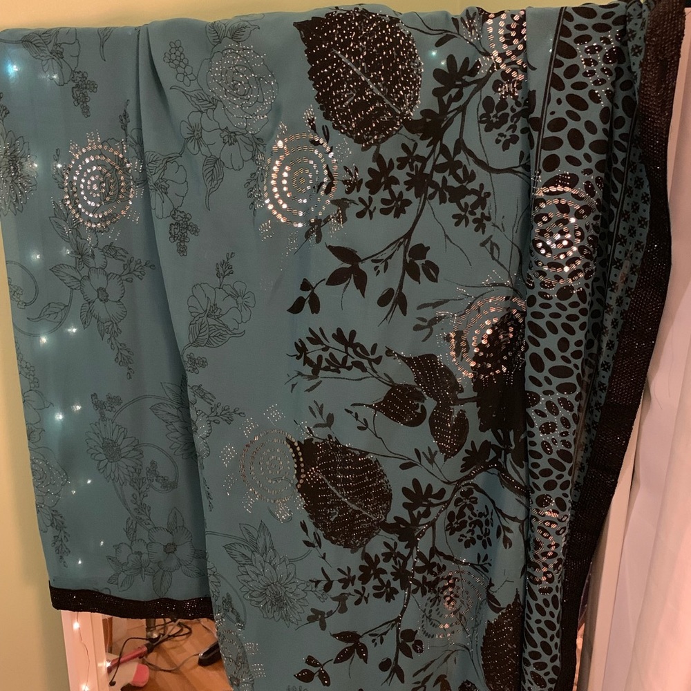 Teal Blue and Black Sari